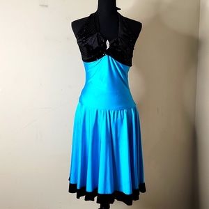 Vintage open back halter top balletcore bright blue sequin beaded tassel dress